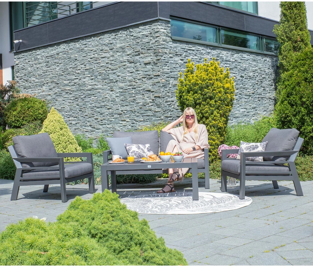 Lauko baldų komplektas Home4You Sodo baldų komplektas TOMSON stalas, sofa ir 2 kėdės, rėmas: aliumininis, pagalvėlės: pilkos