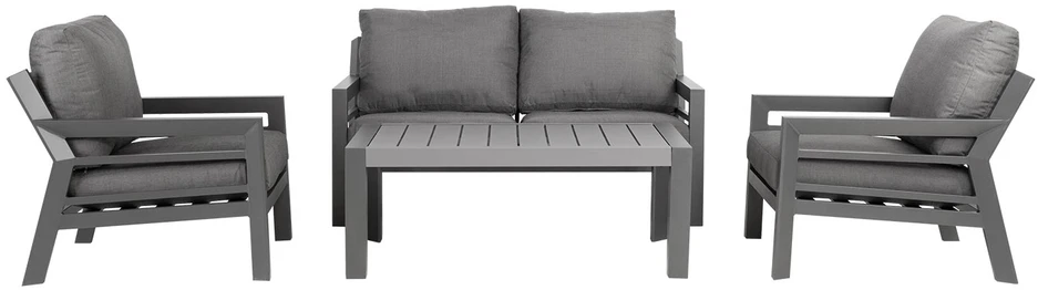 Lauko baldų komplektas Home4You Sodo baldų komplektas TOMSON stalas, sofa ir 2 kėdės, rėmas: aliumininis, pagalvėlės: pilkos
