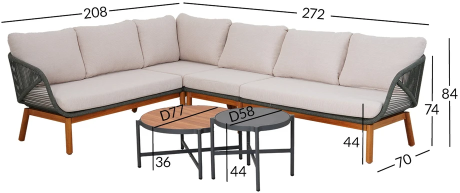 Lauko baldų komplektas Home4You Sodo baldų komplektas TUXEDO kampinė sofa ir 2 stalai