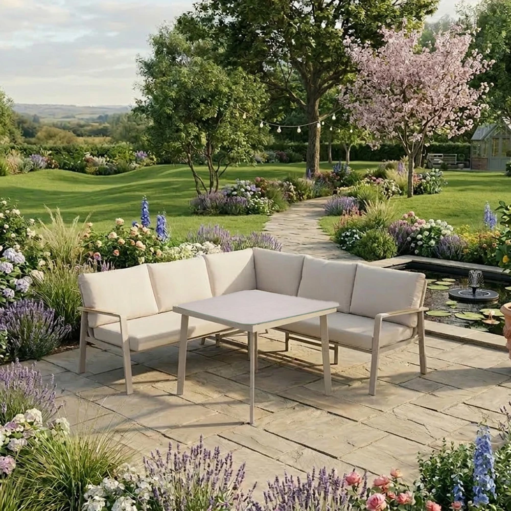 Home4You Lauko baldų komplektas UPLAND Stalas ir kampinė sofa Smėlio