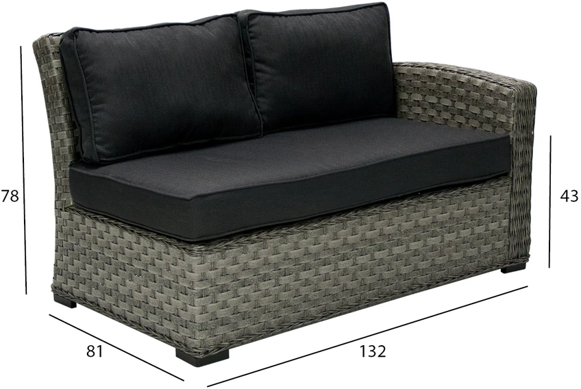Sofa Home4You Dvivietė modulinės sofos GENEVA dalis su pagalvėlėmis ir dešininiu porankiu, 81x132xH78cm, rėmas: aliumininis su plastikinių vytelių apdaila, spalva: pilka