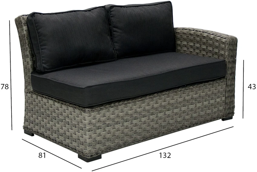 Sofa Home4You Dvivietė modulinės sofos GENEVA dalis su pagalvėlėmis ir dešininiu porankiu, 81x132xH78cm, rėmas: aliumininis su plastikinių vytelių apdaila, spalva: pilka