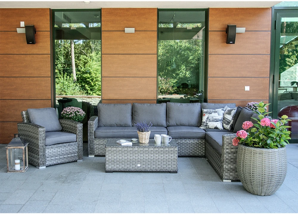 Sofa Home4You Dvivietė modulinės sofos GENEVA dalis su pagalvėlėmis ir dešininiu porankiu, 81x132xH78cm, rėmas: aliumininis su plastikinių vytelių apdaila, spalva: pilka