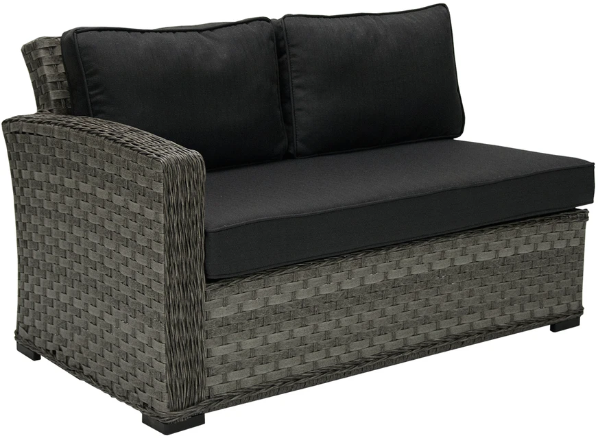 Sofa Home4You Dvivietė modulinės sofos GENEVA dalis su pagalvėlėmis ir kairiu porankiu, 81x132xH78cm, rėmas: aliumininis su plastikinių vytelių apdaila, spalva: pilka