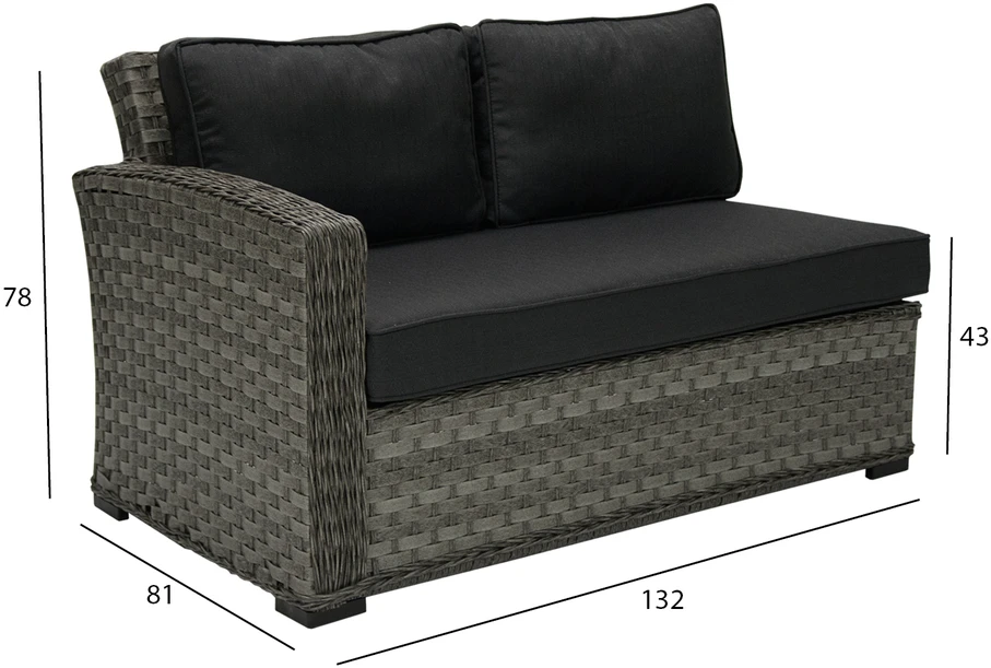 Sofa Home4You Dvivietė modulinės sofos GENEVA dalis su pagalvėlėmis ir kairiu porankiu, 81x132xH78cm, rėmas: aliumininis su plastikinių vytelių apdaila, spalva: pilka