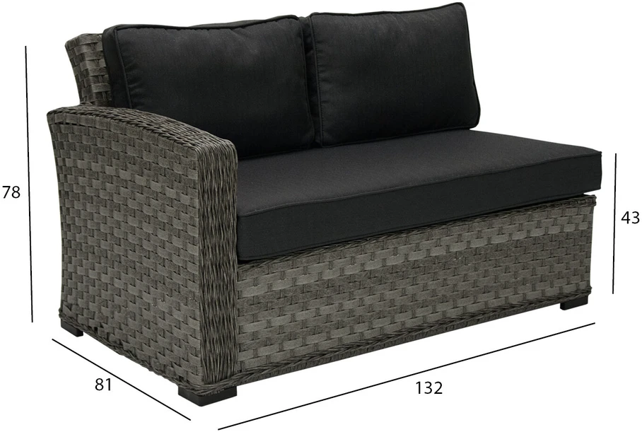 Sofa Home4You Dvivietė modulinės sofos GENEVA dalis su pagalvėlėmis ir kairiu porankiu, 81x132xH78cm, rėmas: aliumininis su plastikinių vytelių apdaila, spalva: pilka