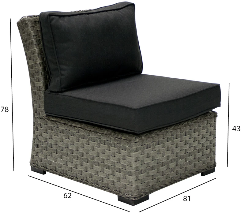 Sofa Home4You Vienvietė modulinės sofos GENEVA dalis su pagalvėlėmis, 81x62xH78cm, rėmas: aliumininis su plastikinių vytelių apdaila, spalva: pilka