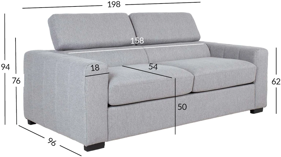 Home4You Sofa-lova KINGSTON trivietė 198x96xH76/94cm, pilka