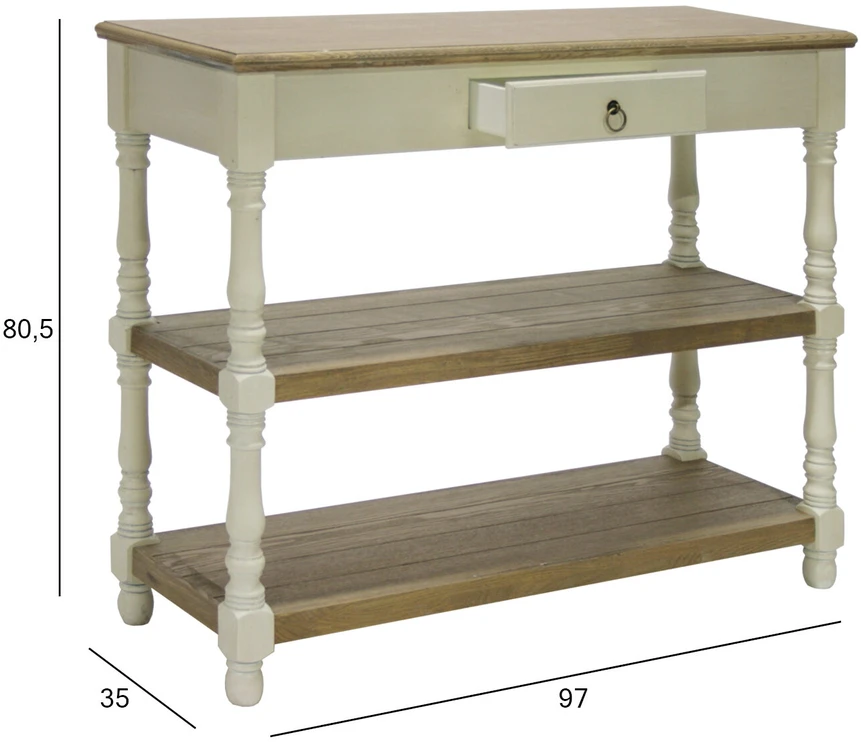 TV staliukas Home4You Šoninis staliukas SAMIRA, 97x35x80,5 cm, stalviršis: MDF plokštė, rėmas ir kojos: uosio mediena, spalva: sendinta balta/ruda