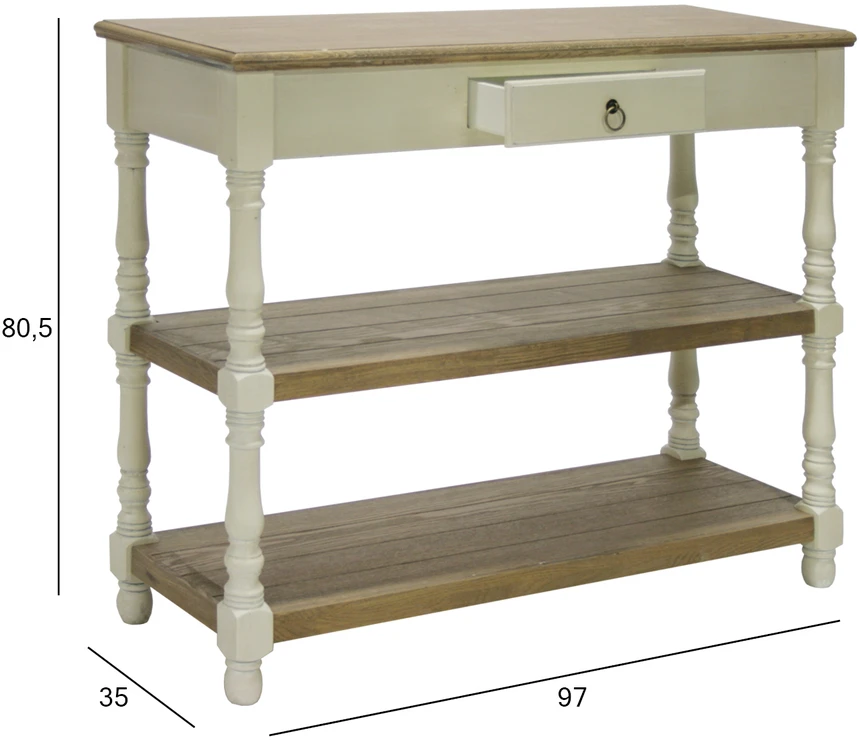 TV staliukas Home4You Šoninis staliukas SAMIRA, 97x35x80,5 cm, stalviršis: MDF plokštė, rėmas ir kojos: uosio mediena, spalva: sendinta balta/ruda