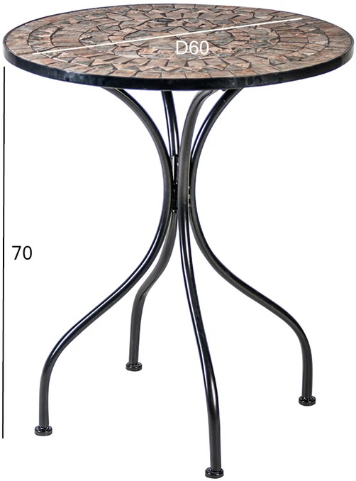 Home4You Lauko stalas MOSAIC, D60xH70cm, rėmas: metalinis, juodas, stalviršis: pilkas/rudas akmuo