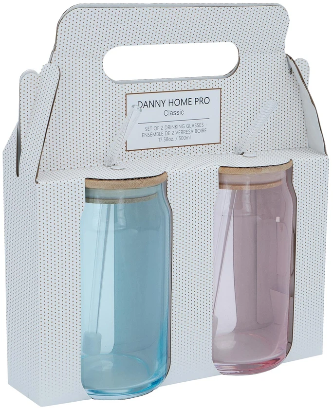 Home4You Stiklainiai CLASSIC 2 vnt. po 500 ml, su dangteliu ir stikliniu šiaudeliu