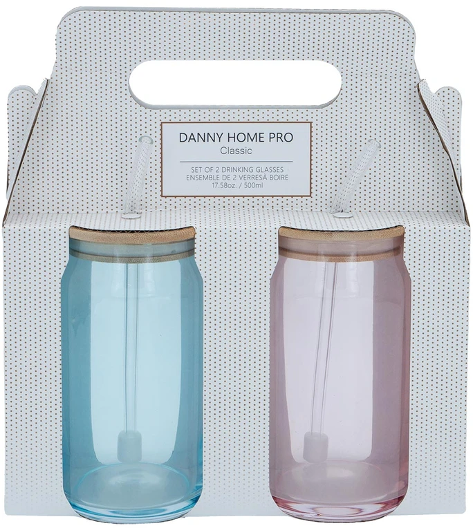 Home4You Stiklainiai CLASSIC 2 vnt. po 500 ml, su dangteliu ir stikliniu šiaudeliu