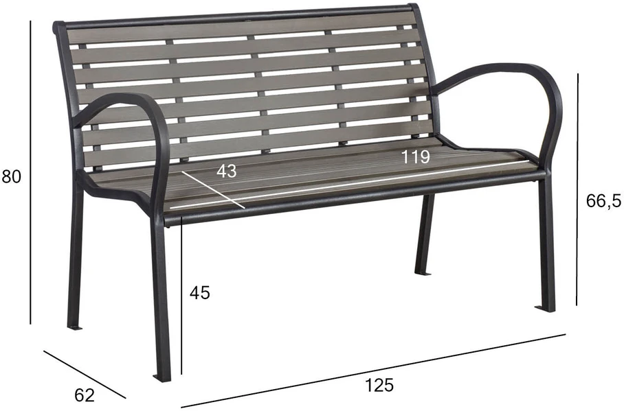 Home4You Suoliukas VIOLA, 120x59xH80cm, sėdima ir nugarinė dalys: perdirbtas plastikas (polywood), rėmas: plienas, spalva: pilka