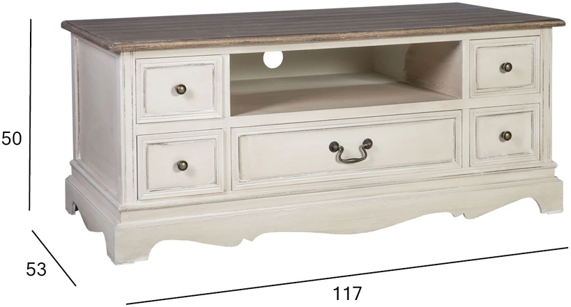 TV staliukas Home4You Televizoriaus staliukas SAMIRA NEW, su 5 stalčiais, 117x53x50 cm, stalviršis: MDF plokštė, rėmas ir kojos: uosis, spalva: sendinta balta