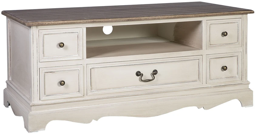TV staliukas Home4You Televizoriaus staliukas SAMIRA NEW, su 5 stalčiais, 117x53x50 cm, stalviršis: MDF plokštė, rėmas ir kojos: uosis, spalva: sendinta balta