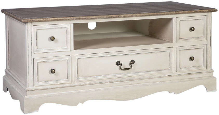 TV staliukas Home4You Televizoriaus staliukas SAMIRA NEW, su 5 stalčiais, 117x53x50 cm, stalviršis: MDF plokštė, rėmas ir kojos: uosis, spalva: sendinta balta