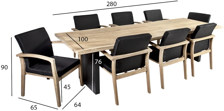 Lauko baldų komplektas Home4You Valgomojo baldų komplektas ROYAL su 8 kėdėmis (13258), 280x100xH76 cm, stalviršis: tikmedis, apdaila: šlifuotas, nealyvuotas, kojos: aliumininės
