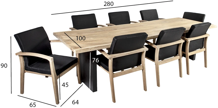Lauko baldų komplektas Home4You Valgomojo baldų komplektas ROYAL su 8 kėdėmis (13258), 280x100xH76 cm, stalviršis: tikmedis, apdaila: šlifuotas, nealyvuotas, kojos: aliumininės