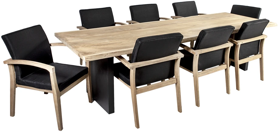 Lauko baldų komplektas Home4You Valgomojo baldų komplektas ROYAL su 8 kėdėmis (13258), 280x100xH76 cm, stalviršis: tikmedis, apdaila: šlifuotas, nealyvuotas, kojos: aliumininės
