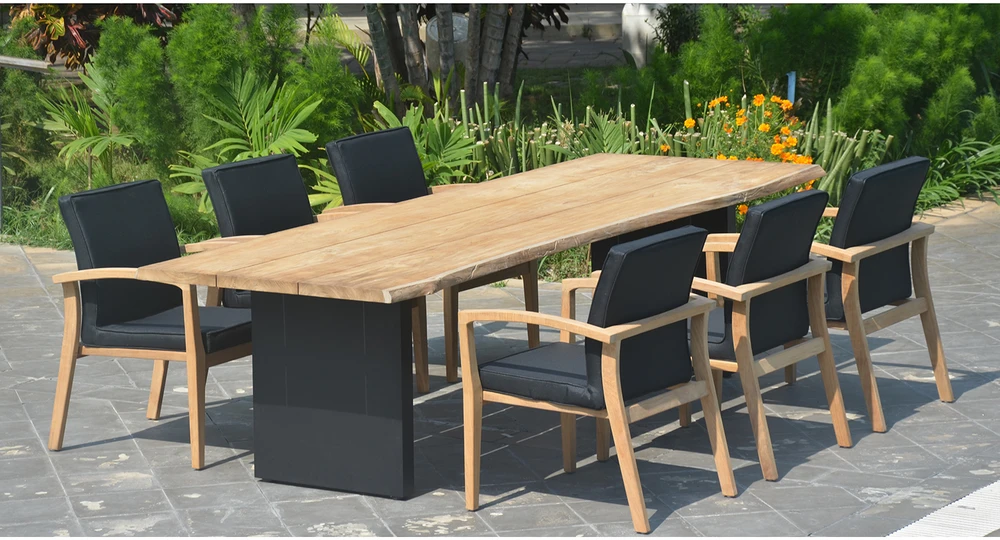 Lauko baldų komplektas Home4You Valgomojo baldų komplektas ROYAL su 8 kėdėmis (13258), 280x100xH76 cm, stalviršis: tikmedis, apdaila: šlifuotas, nealyvuotas, kojos: aliumininės