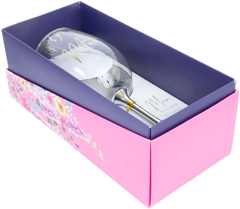 Home4You Mėlyna Vyno taurė FLOW "Beautiful Mum" H23,7cm 450ml, skaidrus stiklas, mėlyna dėžutė
