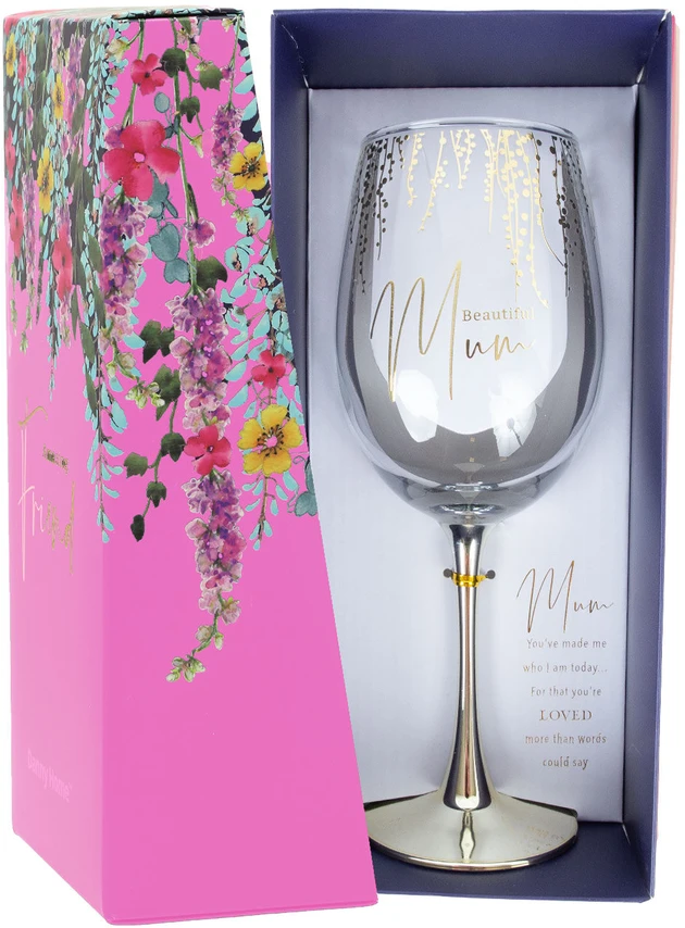 Home4You Mėlyna Vyno taurė FLOW "Beautiful Mum" H23,7cm 450ml, skaidrus stiklas, mėlyna dėžutė