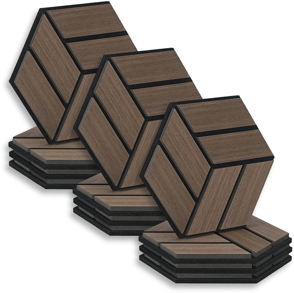 Homestyle4U Akustinės plokštės, šešiakampės korio formos 3D sienų plokštės, 30x26x2 cm, rudos