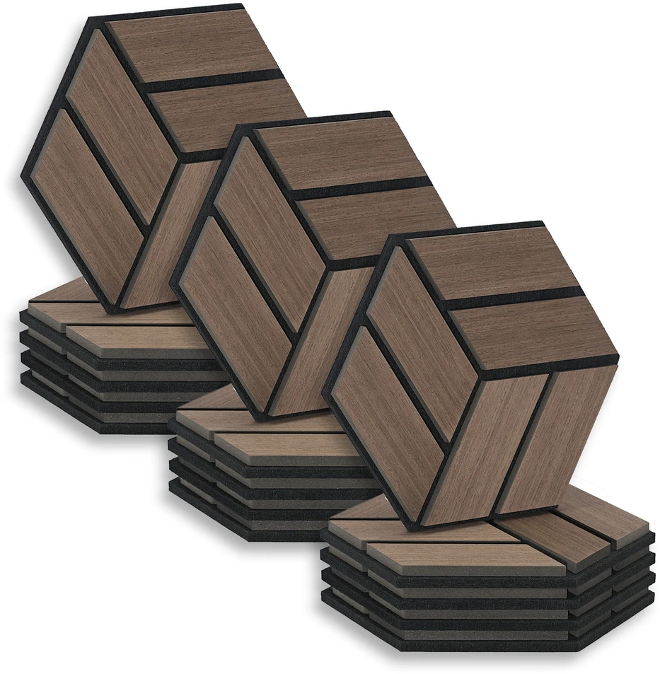 Homestyle4U Akustinės plokštės, šešiakampės korio formos 3D sienų plokštės, 30x26x2 cm, rudos