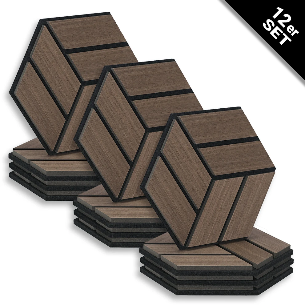 Homestyle4U Akustinės plokštės, šešiakampės korio formos 3D sienų plokštės, 30x26x2 cm, rudos