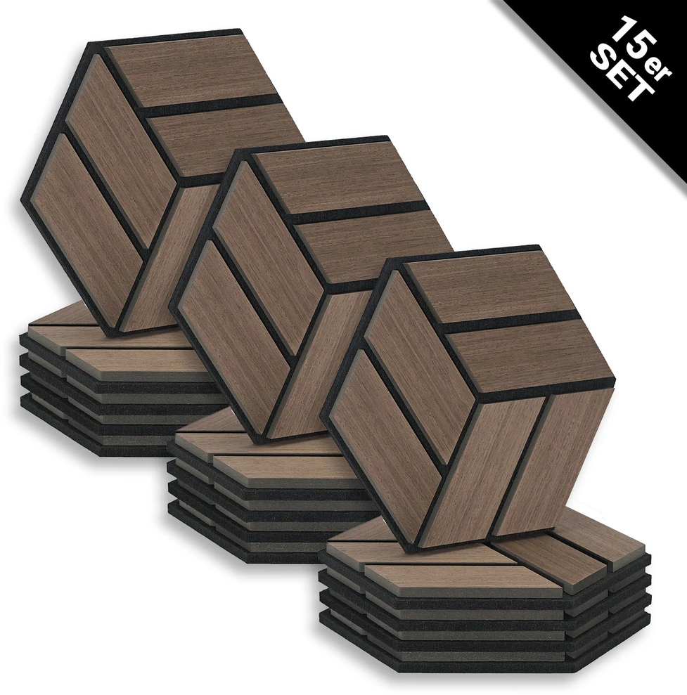 Homestyle4U Akustinės plokštės, šešiakampės korio formos 3D sienų plokštės, 30x26x2 cm, rudos