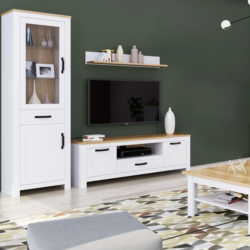 Homestyle4U Aukšta komoda, 64x199.5x41 cm, balta, ruda