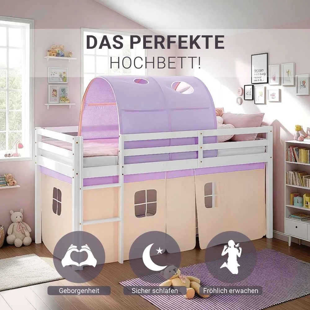 Homestyle4U Dviaukštė lova, 207.5x160x99.5 cm, balta, violetinė, oranžinė, medinė