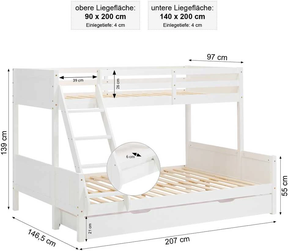Homestyle4U Dviaukštė lova, 207x139x146.5 cm, balta