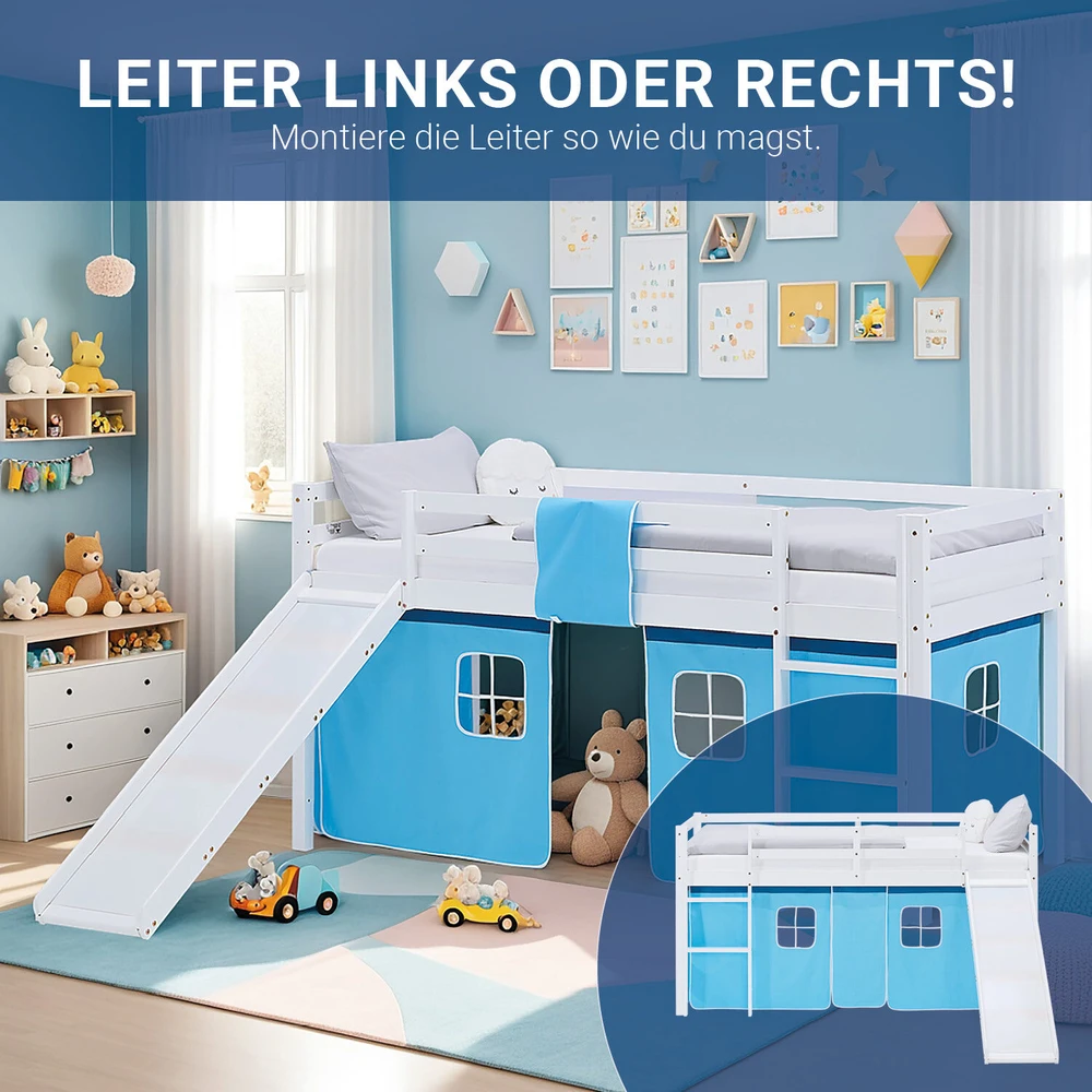 Homestyle4U Dviaukštė lova, 207.5x110x217.5 cm, balta, mėlyna
