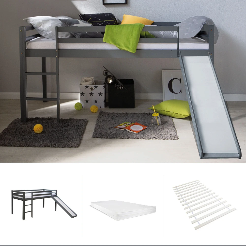 Homestyle4U Dviaukštė lova, 207.5x110x219.5 cm, pilka