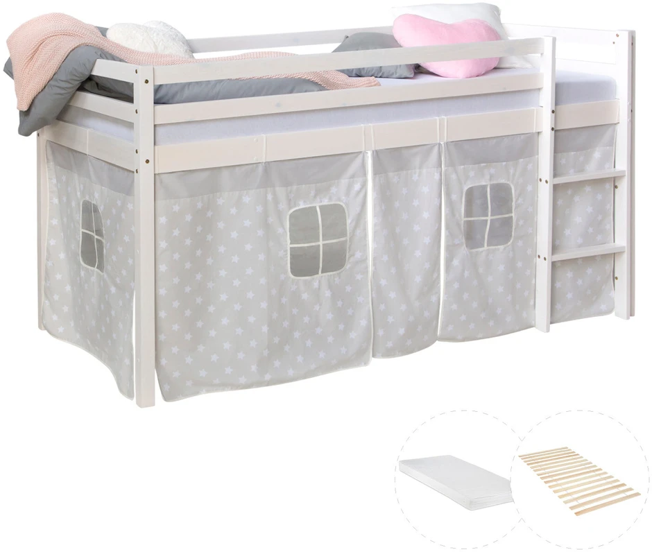 Homestyle4U Dviaukštė lova, 207.5x110x96.5 cm, balta, pilka