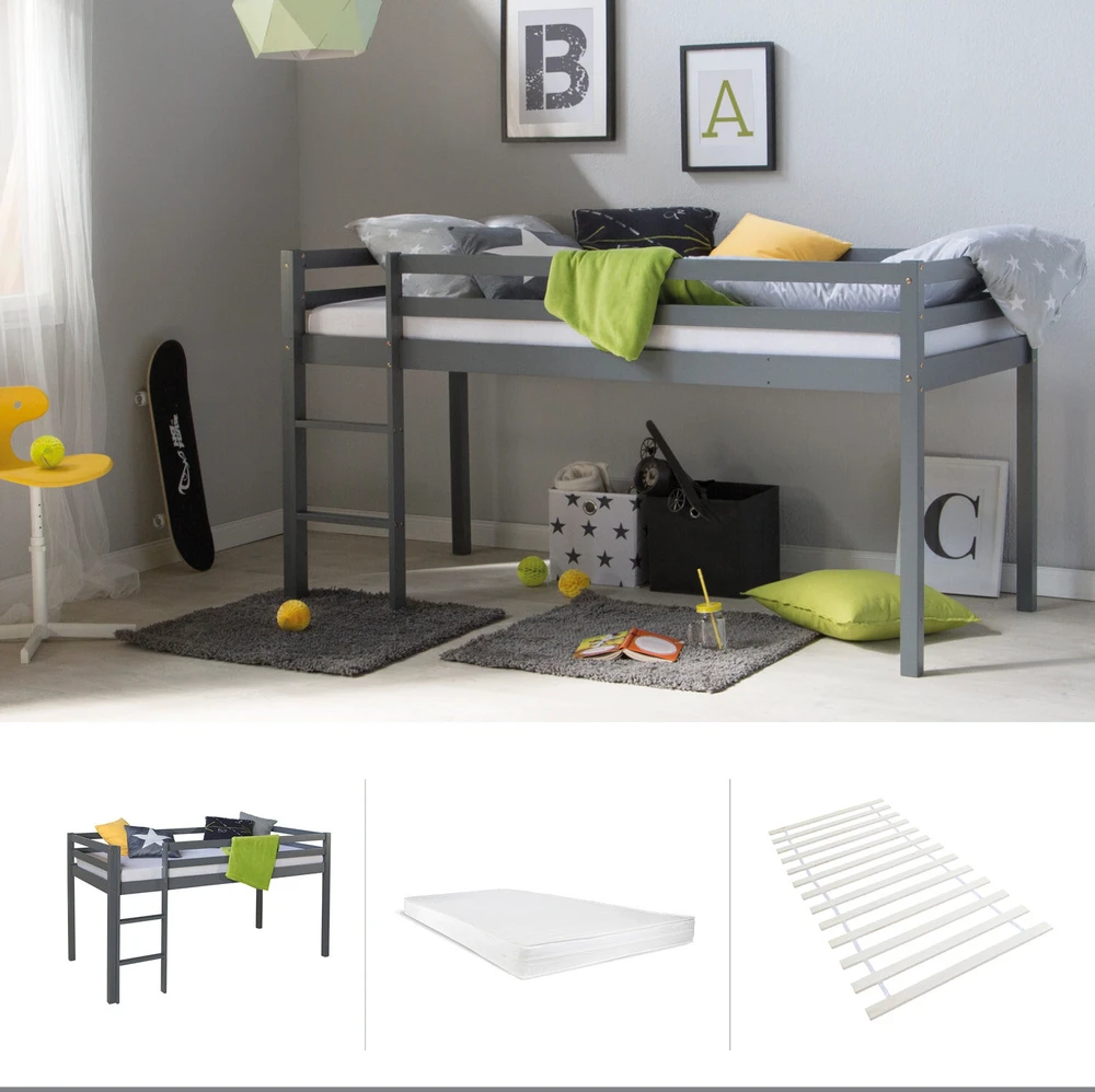 Homestyle4U Dviaukštė lova, 207.5x110x96.5 cm, pilka