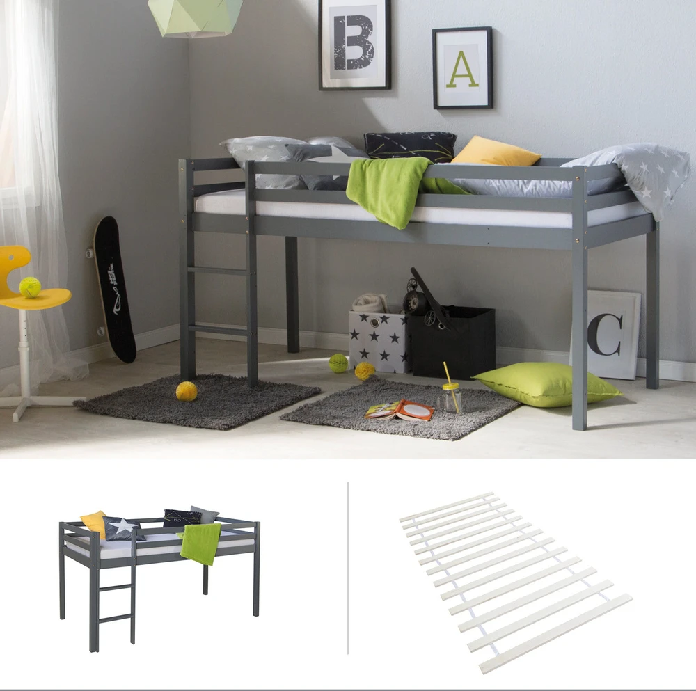 Homestyle4U Dviaukštė lova, 207.5x110x96.5 cm, pilka