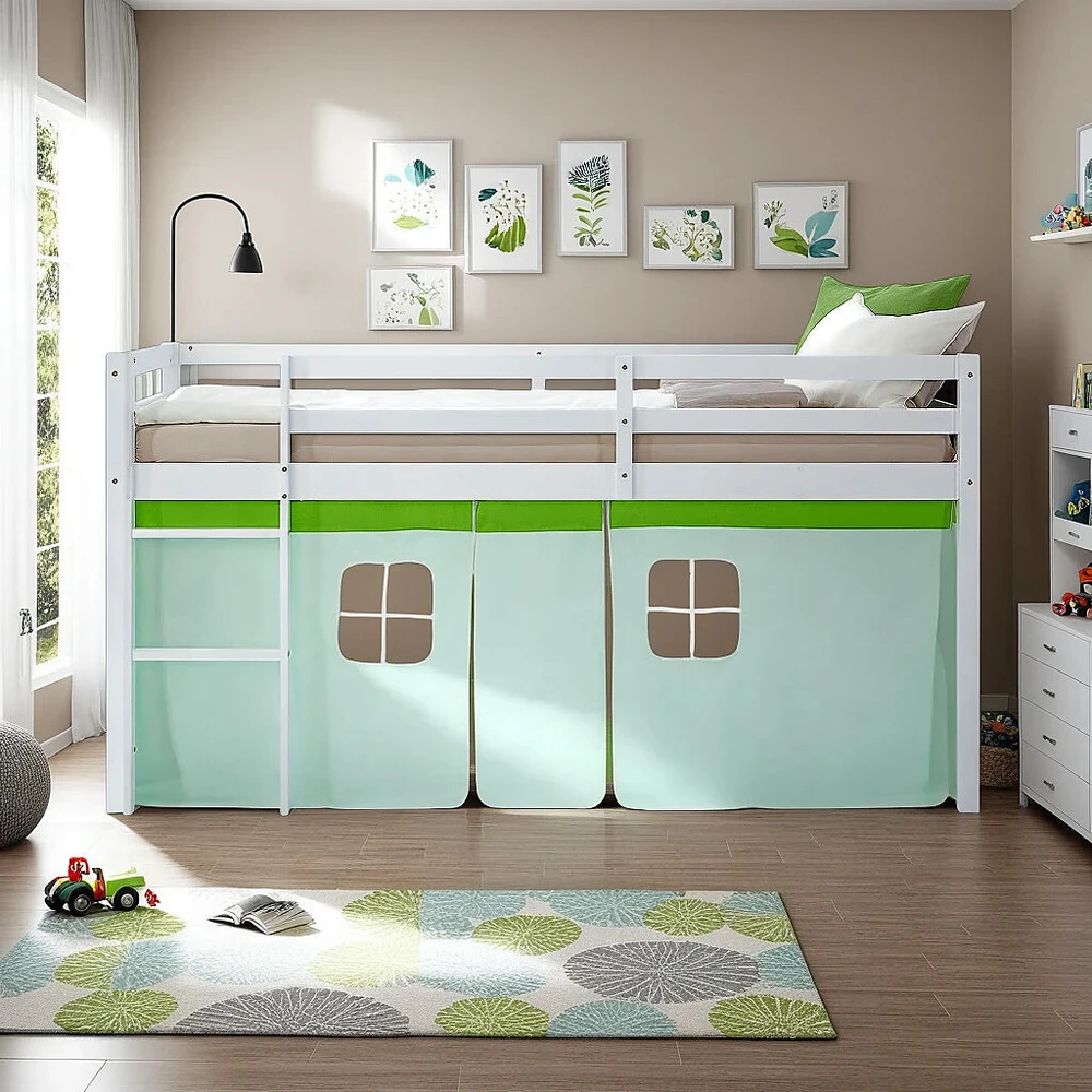Homestyle4U Dviaukštė lova, 207.5x110x99.5 cm, balta, žalia