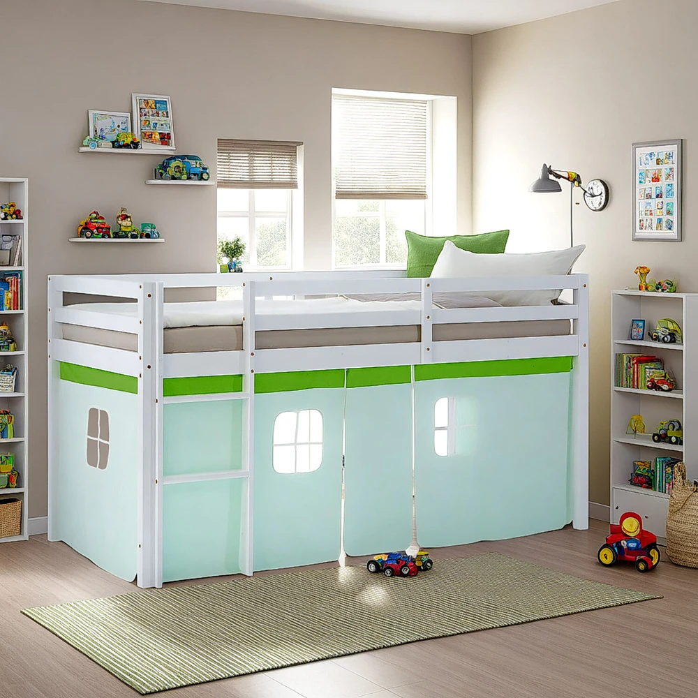 Homestyle4U Dviaukštė lova, 207.5x110x99.5 cm, balta, žalia