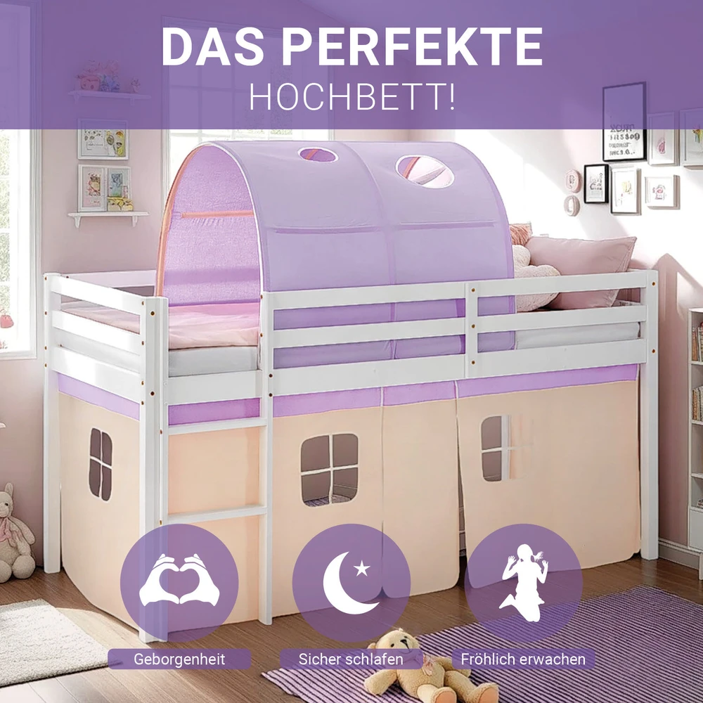 Homestyle4U Dviaukštė lova, 207.5x160x99.5 cm, balta, violetinė, oranžinė, medinė