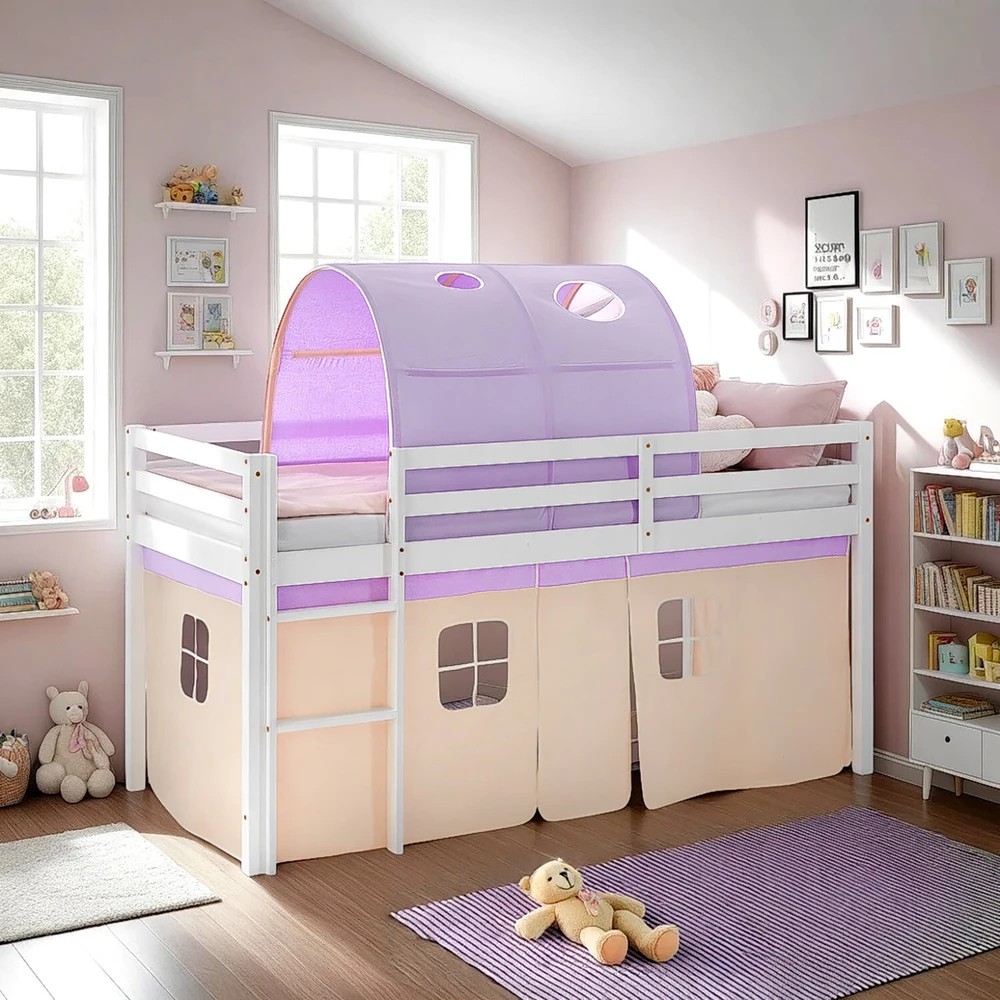 Homestyle4U Dviaukštė lova, 207.5x160x99.5 cm, balta, violetinė, oranžinė, medinė