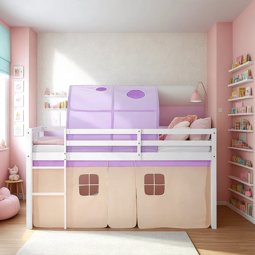 Homestyle4U Dviaukštė lova, 207.5x160x99.5 cm, balta, violetinė, oranžinė, medinė