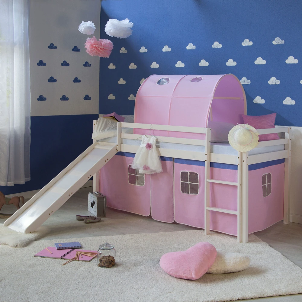 Homestyle4U Dviaukštė lova, 207.5x161.5x219.5 cm, balta rožinė