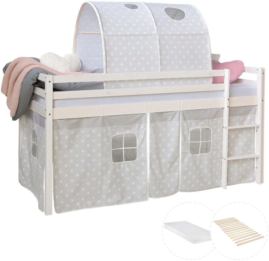 Homestyle4U Dviaukštė lova, 207.5x161.5x96.5 cm, balta, pilka