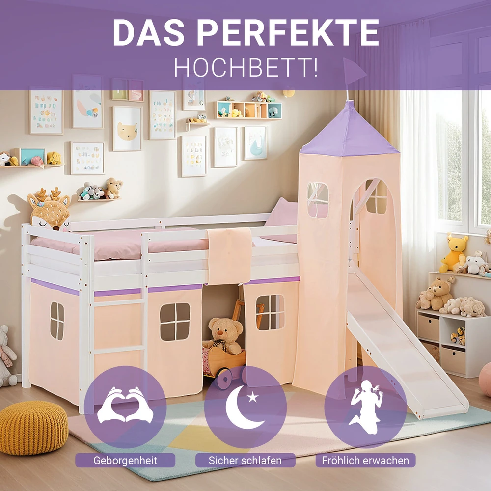 Homestyle4U Dviaukštė lova, 207.5x228x217.5 cm, balta, violetinė, oranžinė