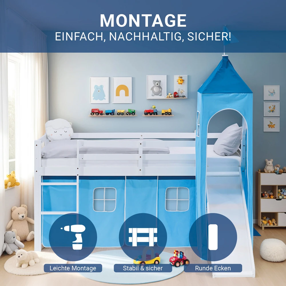Homestyle4U Dviaukštė lova, 207.5x228x217.5 cm, balta, mėlyna