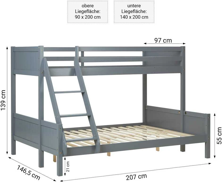Homestyle4U Dviaukštė lova, 207x139x146.5 cm, pilka