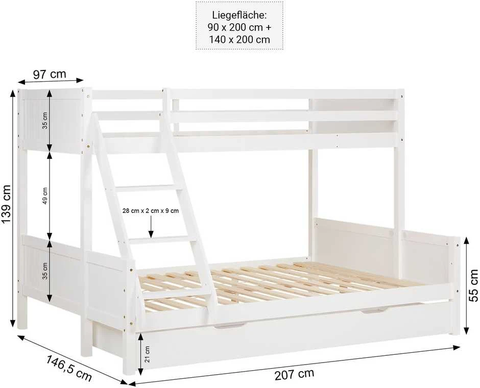 Homestyle4U Dviaukštė lova, 207x139x146.5 cm, balta